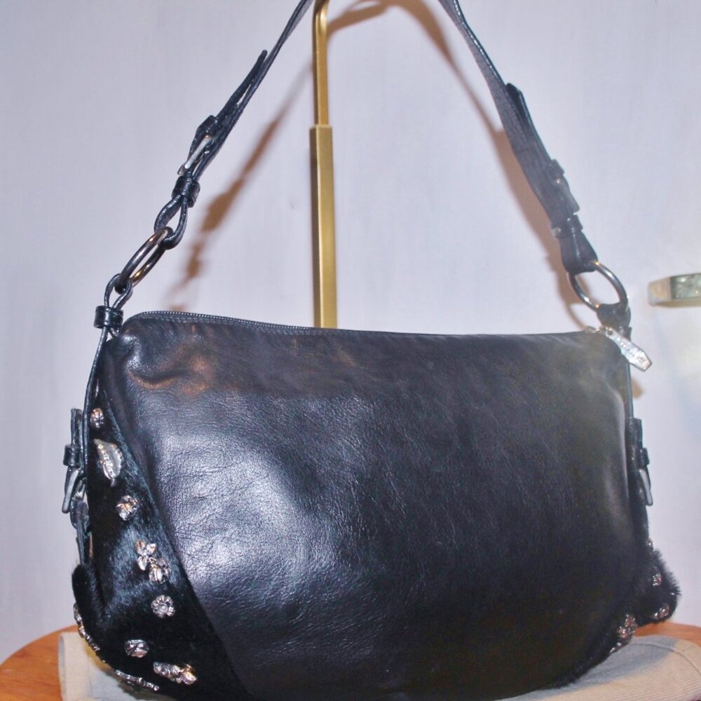Berge $499 Smooth Leather & Calf Fur w Crystal Rhinestones Hobo Shoulderbag